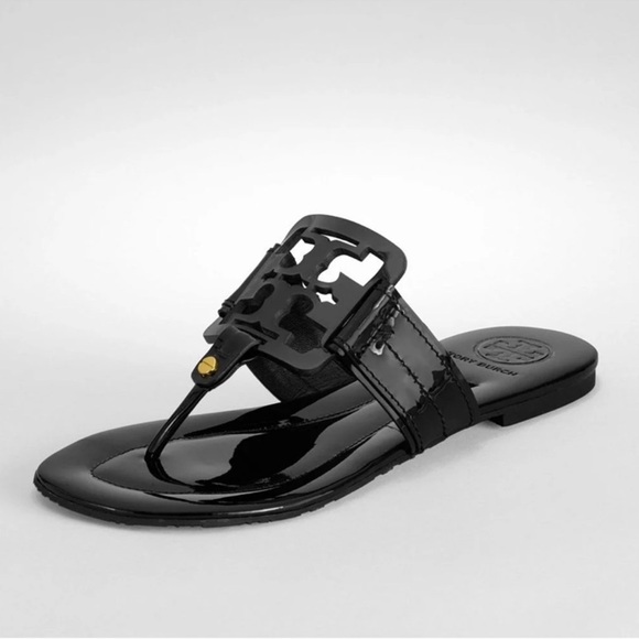 Tory Burch Shoes - Tory Burch Square Monogram Miller Shiny Black Leather Flip Flop Sandals Size 8